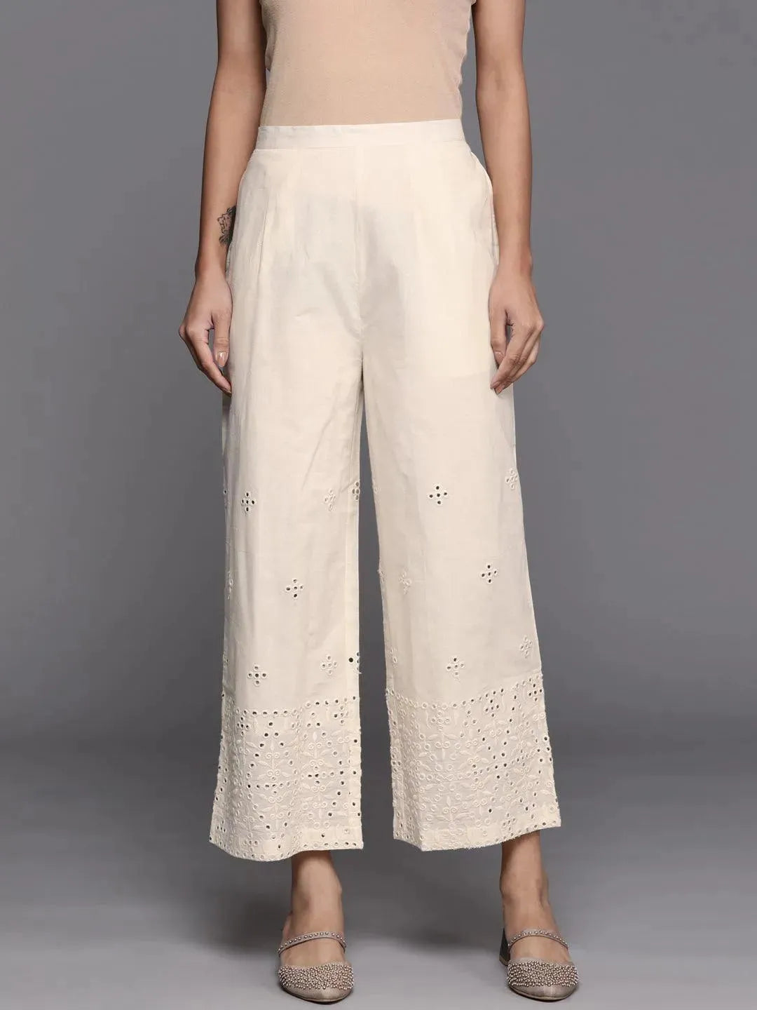 Cream Embroidered Cotton Palazzos - Libas
