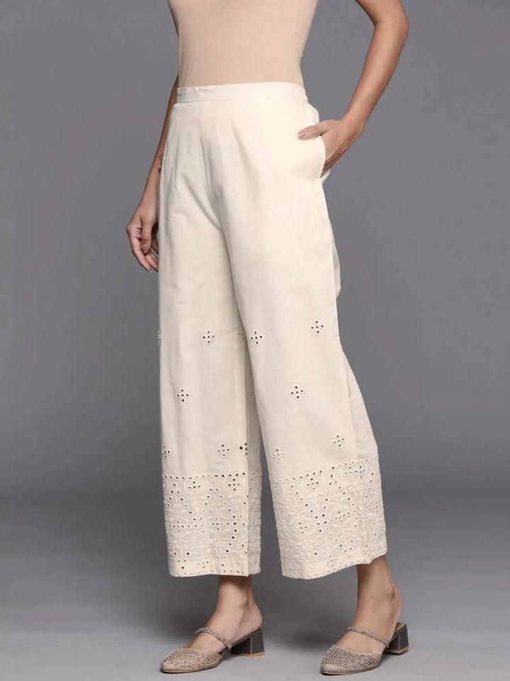 Cream Embroidered Cotton Palazzos - Libas