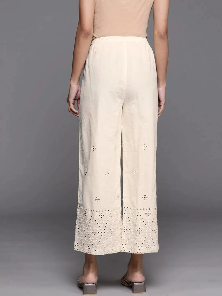 Cream Embroidered Cotton Palazzos - Libas