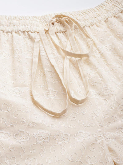 Cream Embroidered Cotton Palazzos - Libas