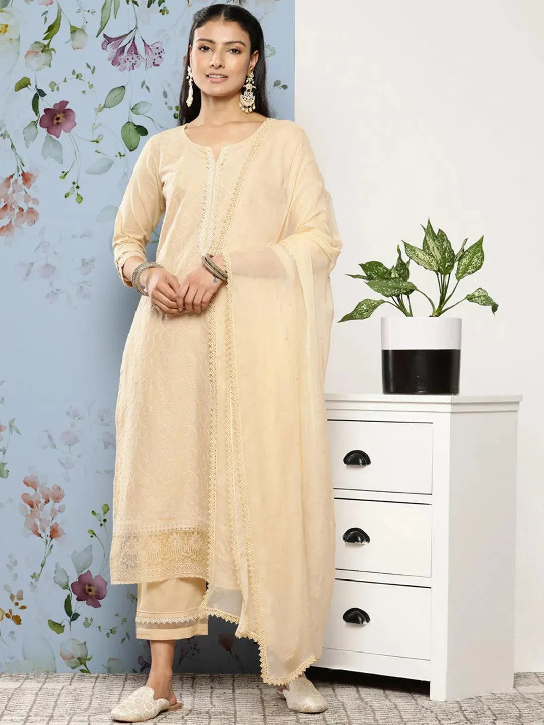 Cream Embroidered Cotton Suit Set With Trousers - Libas 