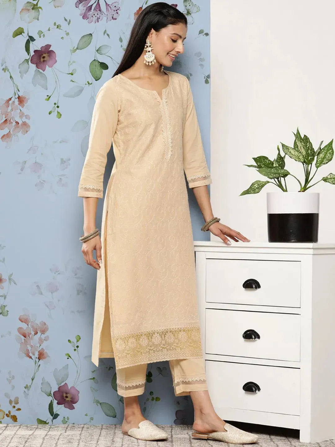 Cream Embroidered Cotton Suit Set With Trousers - Libas