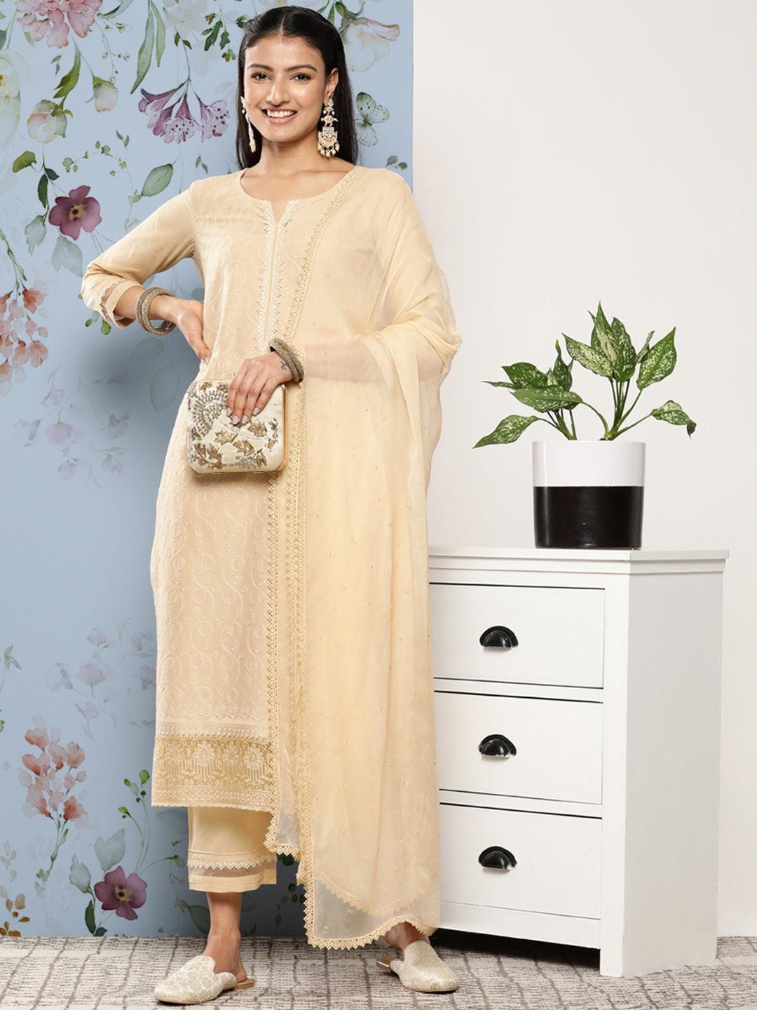 Buy Cream Embroidered Cotton Straight Kurta With Trousers & Dupatta Online  at Rs.1799 | Libas