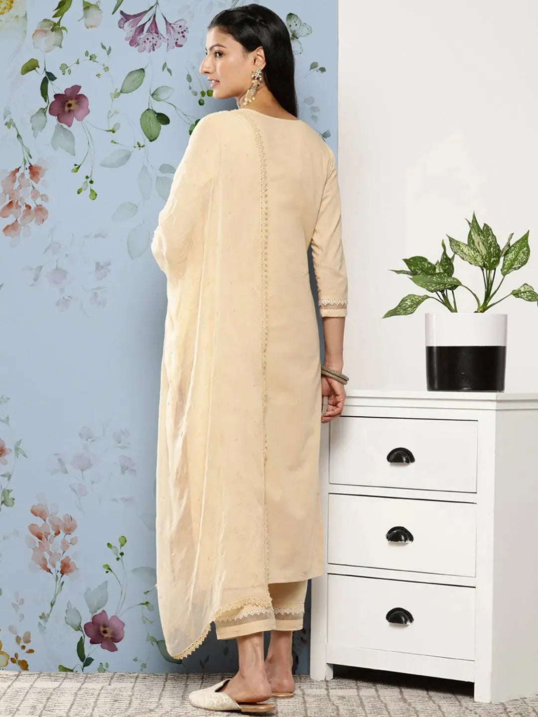 Cream Embroidered Cotton Suit Set With Trousers - Libas