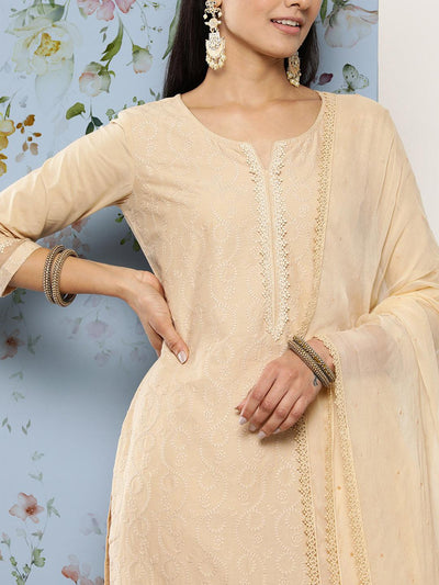 Cream Embroidered Cotton Suit Set With Trousers - Libas