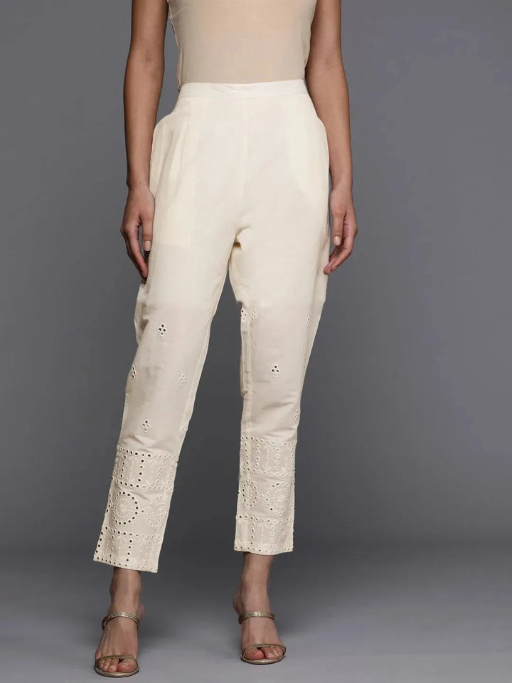 Cream Embroidered Cotton Trousers - Libas