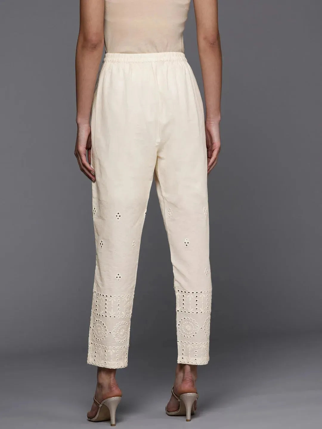 Cream Embroidered Cotton Trousers - Libas