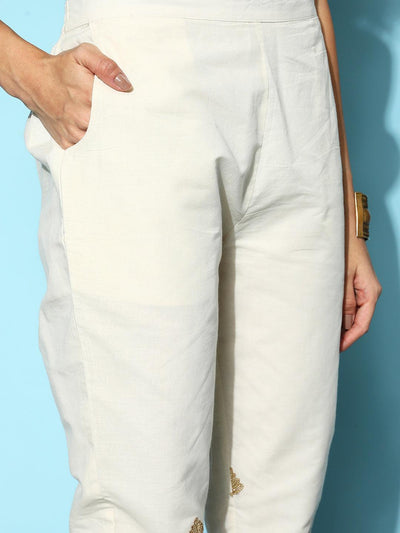 Cream Embroidered Cotton Trousers - Libas
