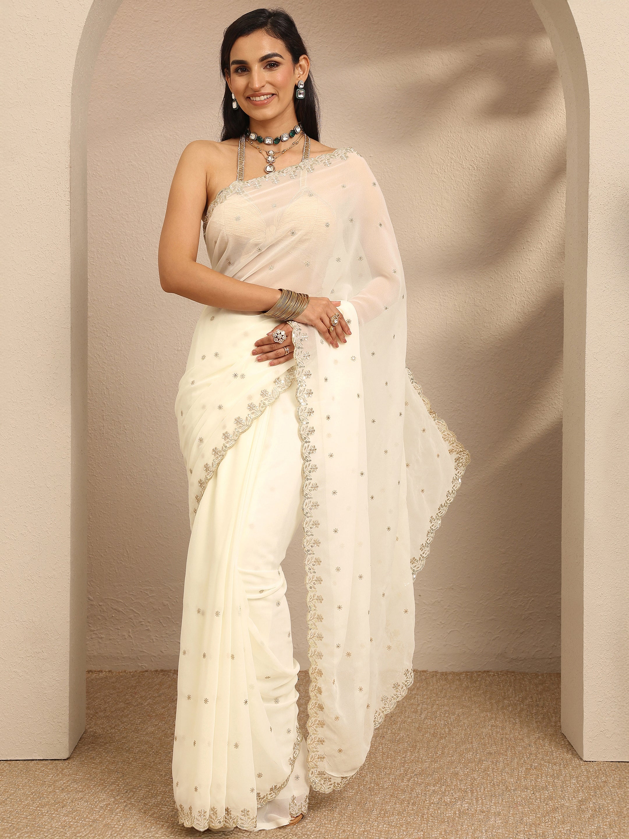 libas Cream Embroidered Georgette Saree With Unstitched Blouse Piece-picture-13