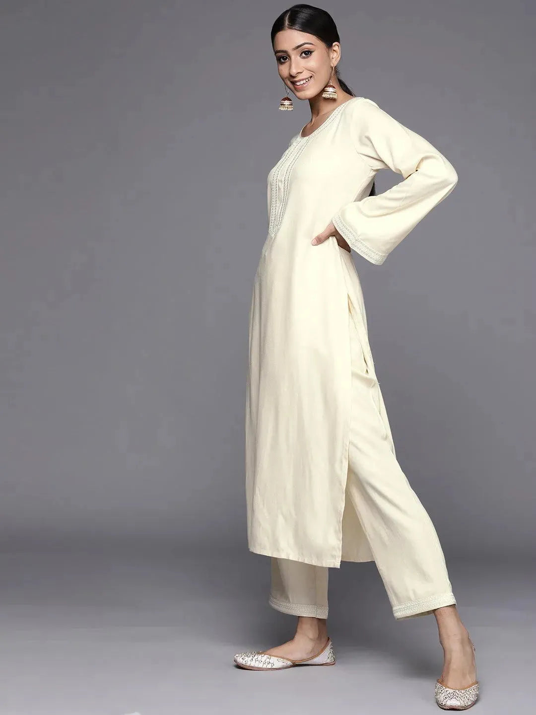 

Buy Cream Embroidered Pashmina Wool Kurta - 22214- | Libas Ethnic Wear Online