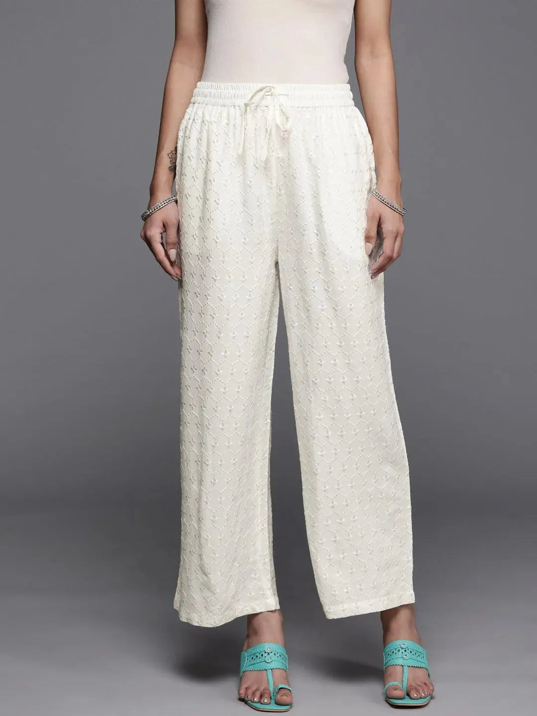 Cream Embroidered Rayon Palazzos - Libas