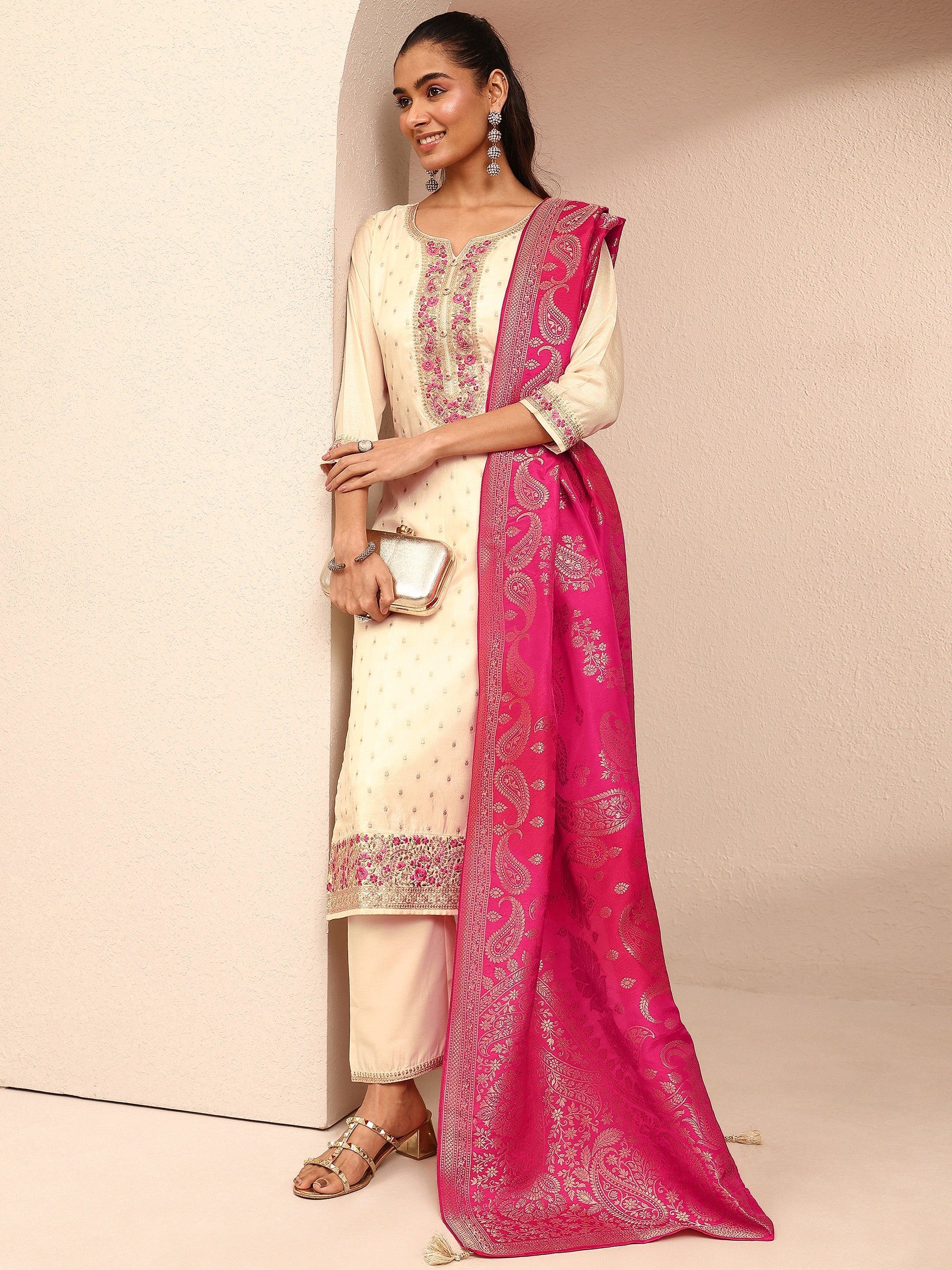Cream Embroidered Silk Blend Straight Suit Set With Dupatta-image-12