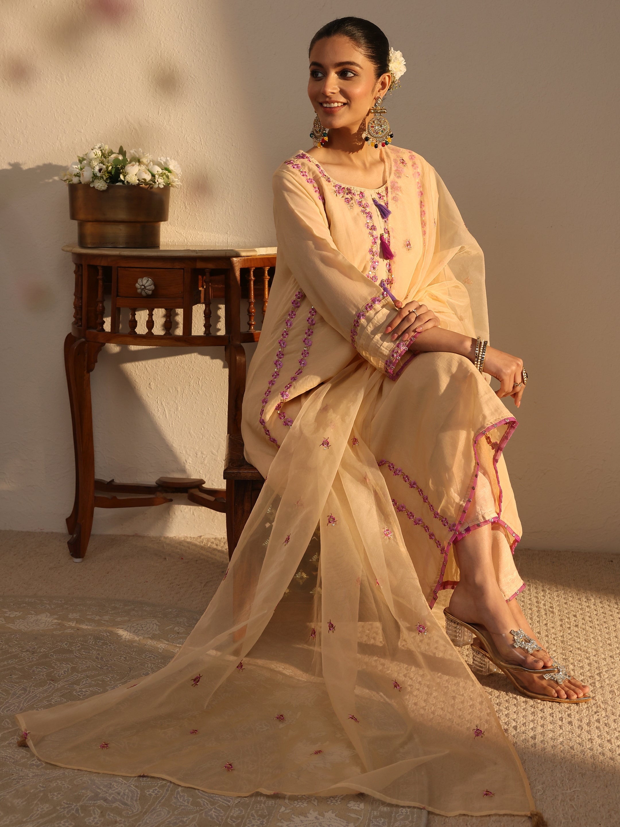 Cream Ethnic Embroidered Chanderi Cotton Straight Suits Set With Dupatta-image-32