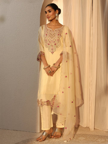 Cream Ethnic Embroidered Silk Blend Straight Suits Set With Dupatta