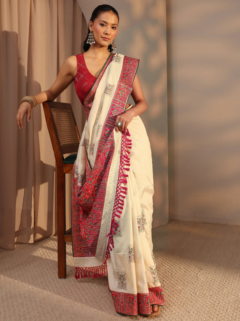 Libas Cream Ethnic Motifs Embroidered Silk Blend Saree With Unstitched Blouse Piece