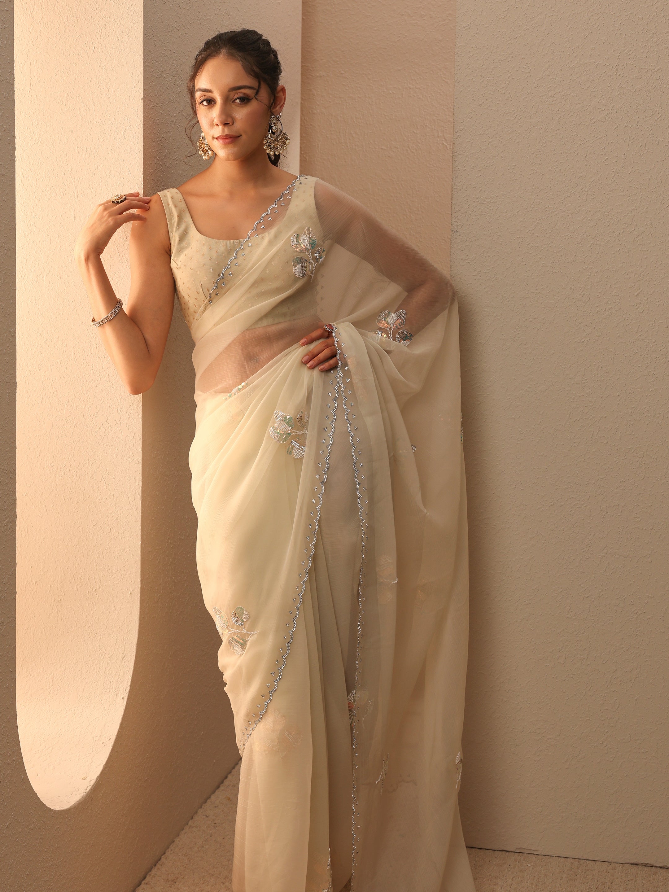 libas Cream Floral Embellished Tissue Saree-picture-65