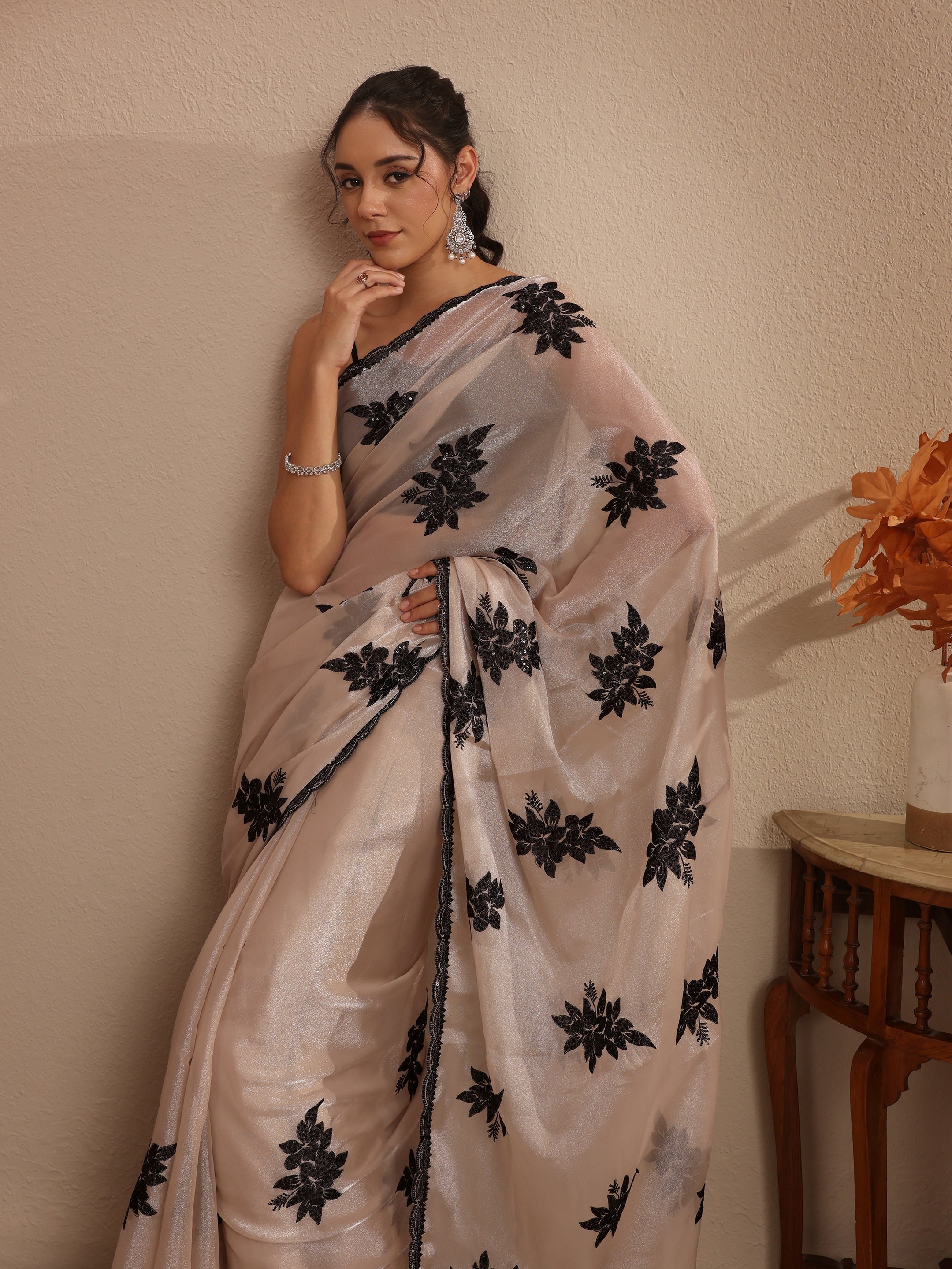 libas Cream Floral Embroidered Organza Saree-picture-26