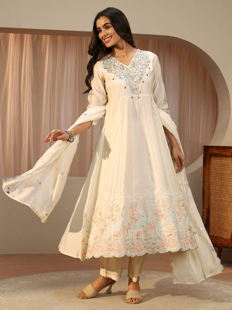 Libas Ivory Floral Embroidered Silk Blend A-line Suit Set