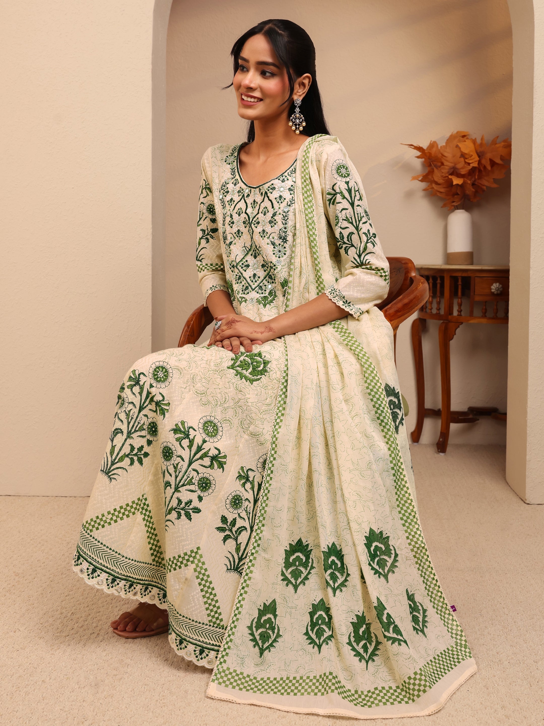 libas Cream Floral Printed Cotton Anarkali Suit Set-picture-43