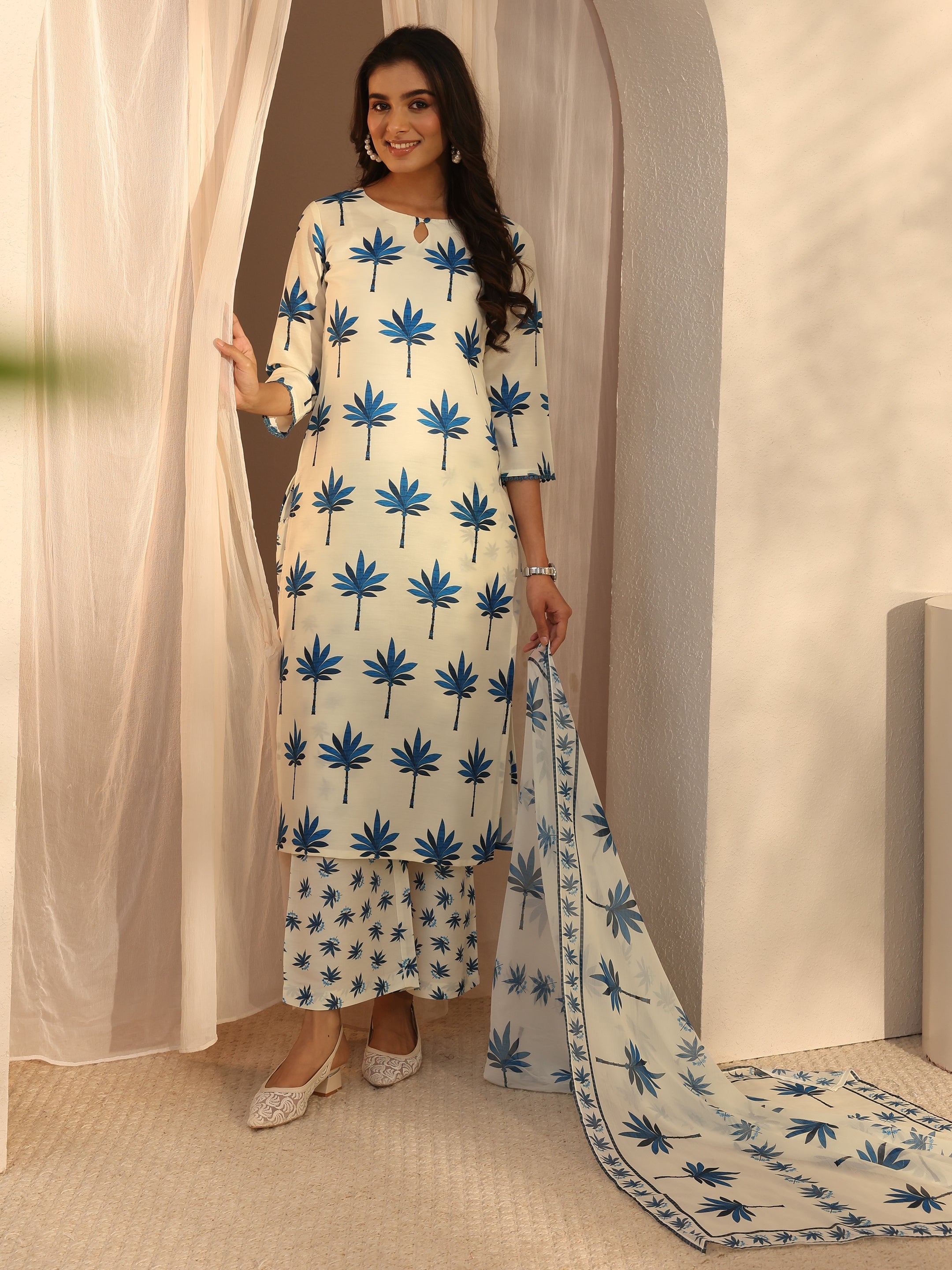 libas Cream Floral Printed Cotton Blend Straight Suits Set With Dupatta-picture-67