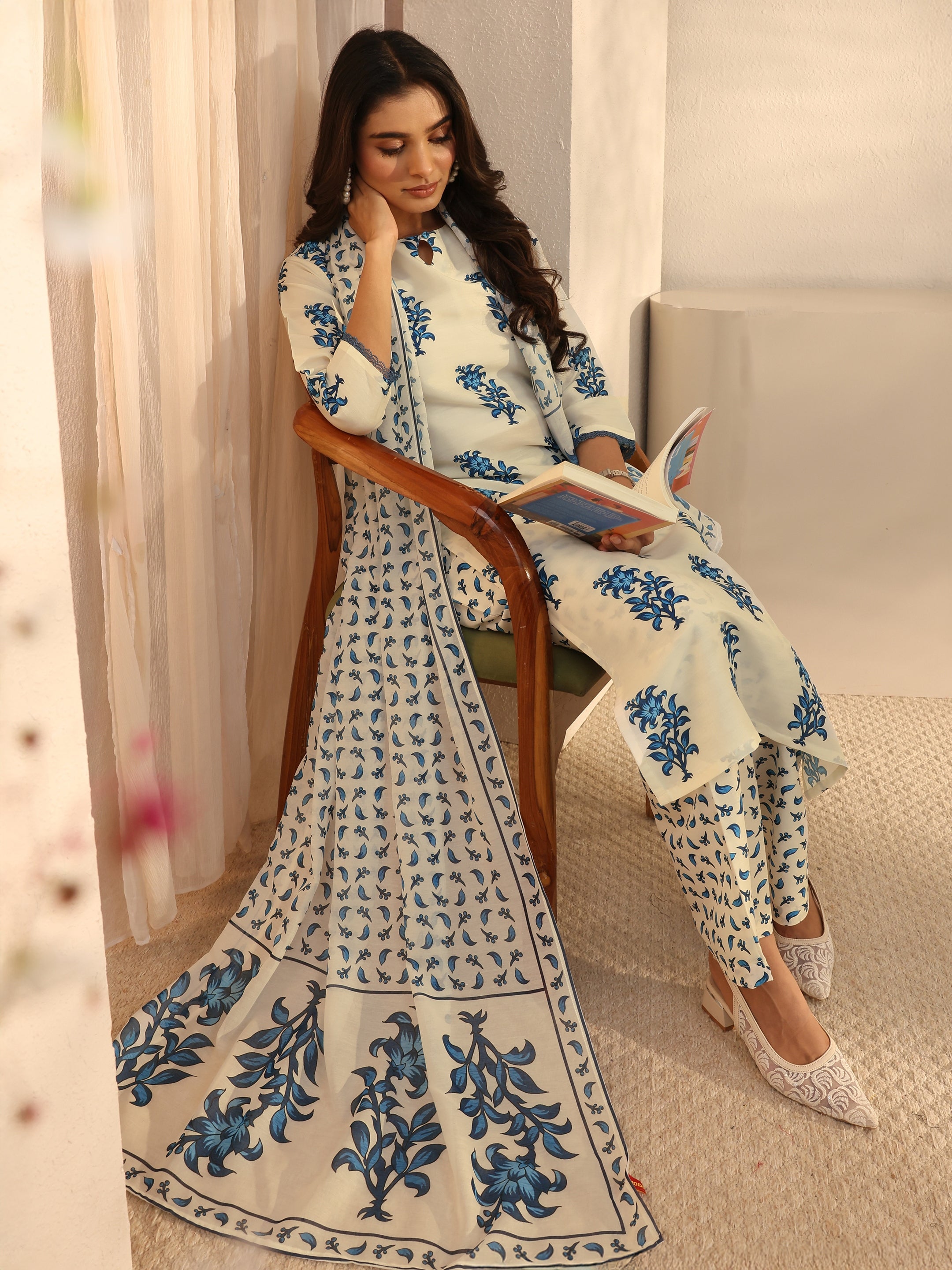 libas Cream Floral Printed Cotton Blend Straight Suits Set With Dupatta-picture-33