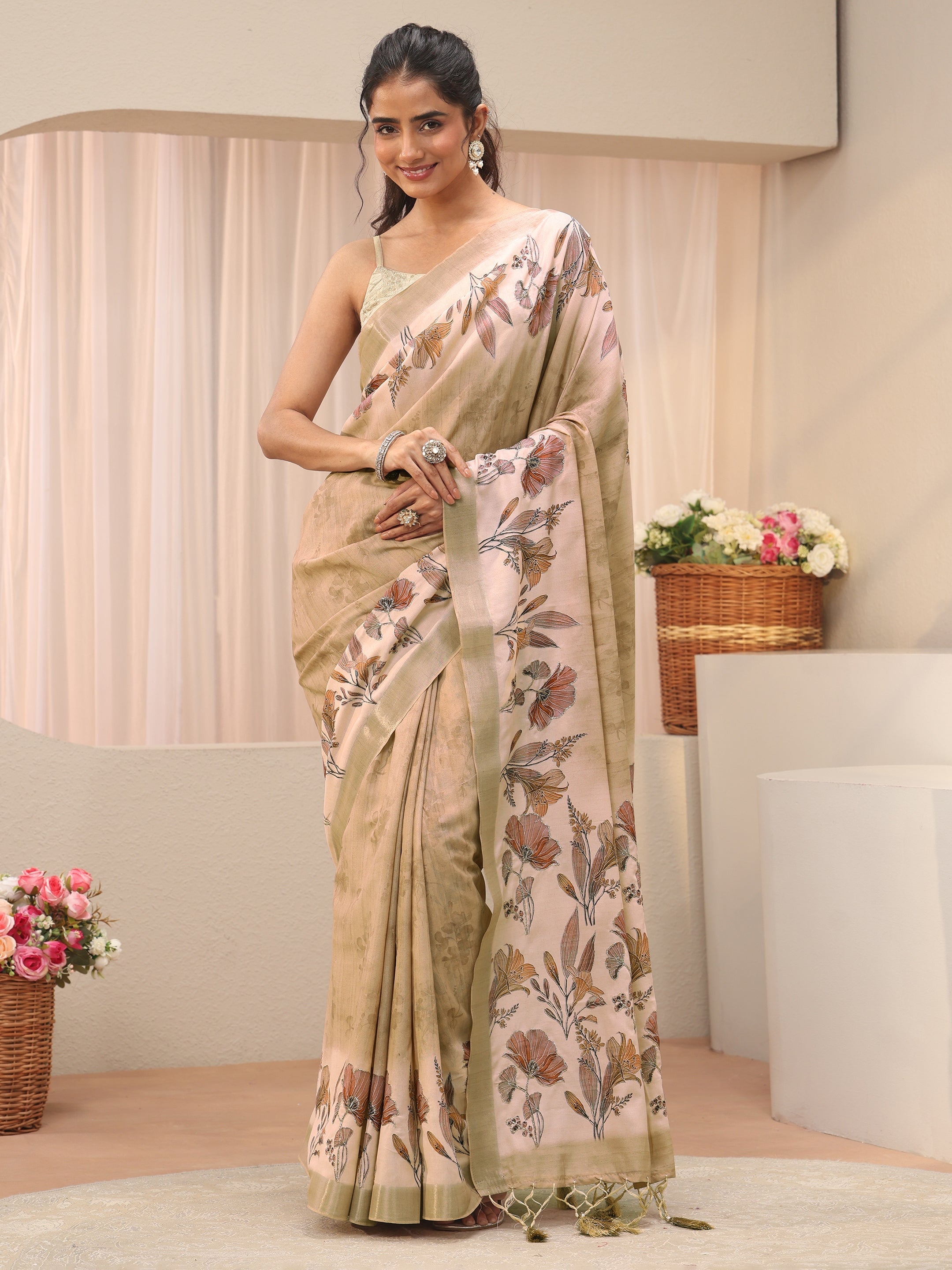 libas Cream Floral Printed Silk Blend Saree-picture-24