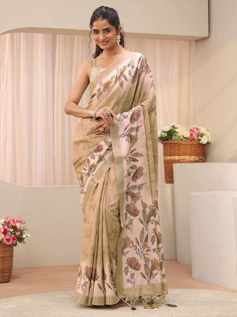 Libas Ivory Floral Printed Silk Blend Tassel Saree
