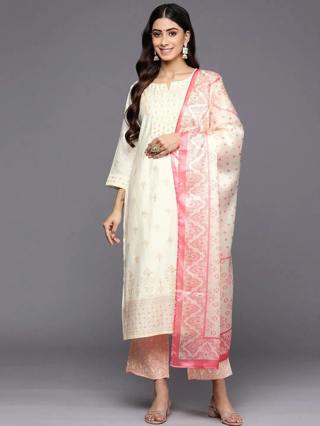 Beige Printed Chanderi Silk Straight Suit With Dupatta