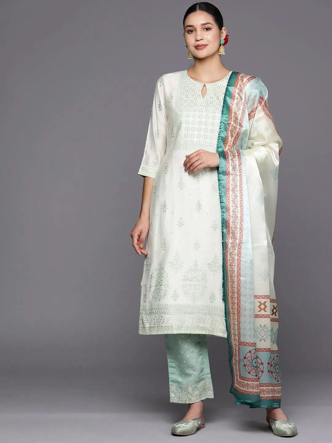 libas Cream Printed Chanderi Silk Straight Kurta With Trousers & Dupatta-picture-15