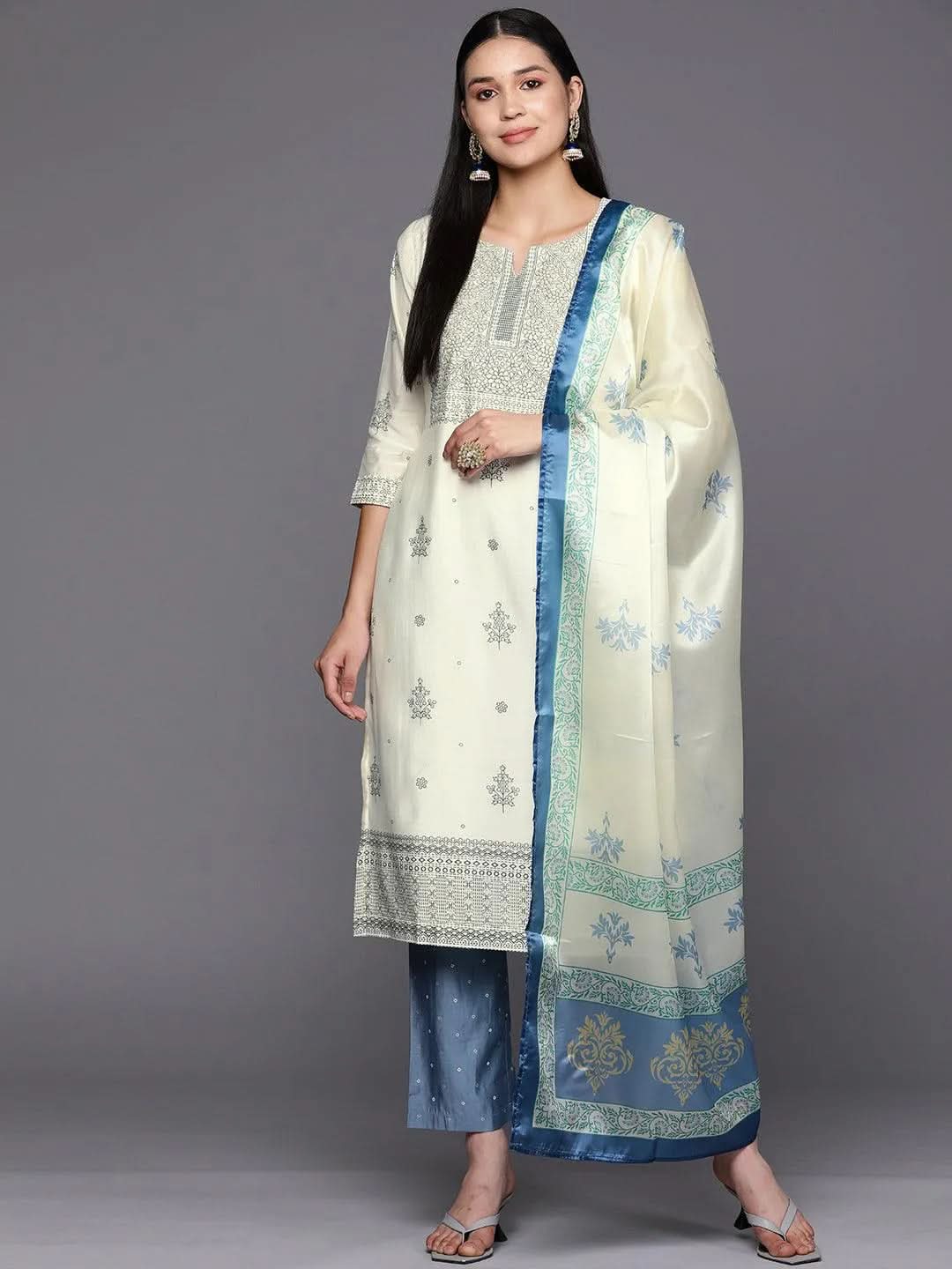 Cream Printed Chanderi Silk Straight Suit Set With Trousers - Libas 