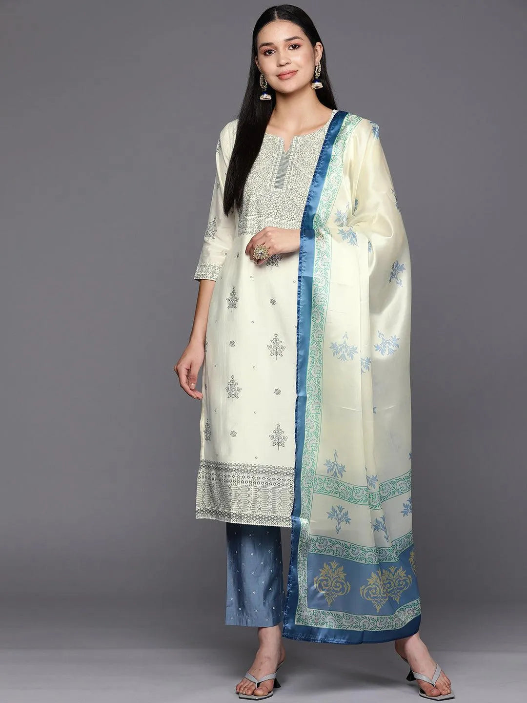 

Cream Printed Chanderi Silk Straight Kurta With Trousers & Dupatta