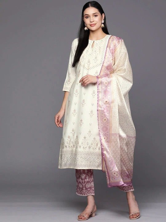 Cream Solid Chanderi Silk kurta Pant With Dupatta