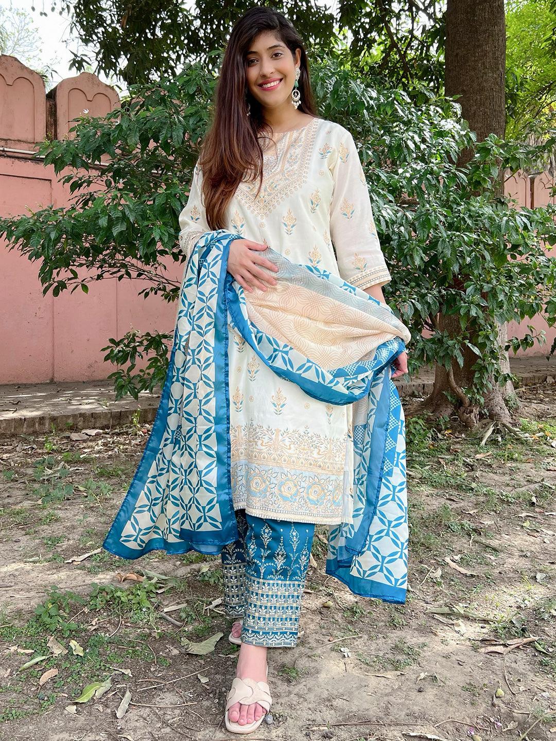 Cream Printed Chanderi Silk Straight Kurta With Trousers and Dupatta