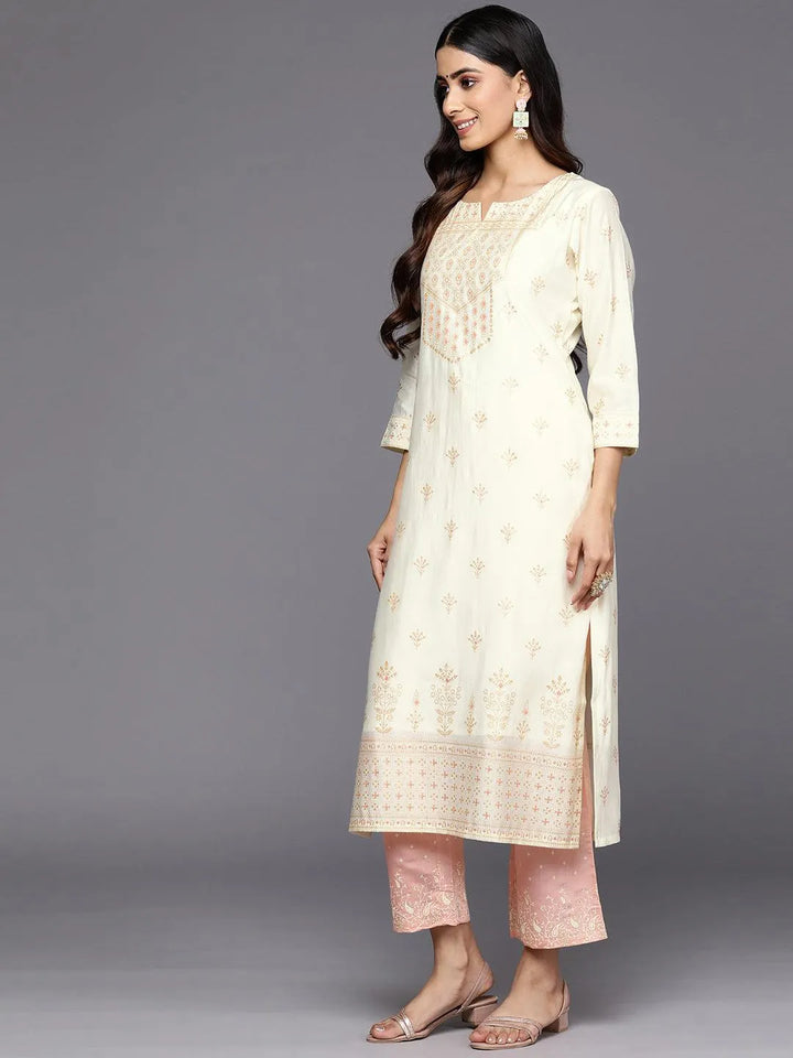 Cream Printed Chanderi Silk Straight Suit Set With Trousers - Libas