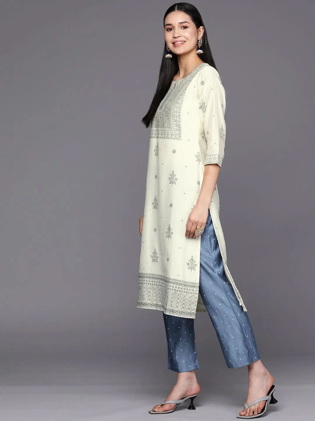 Cream Printed Chanderi Silk Straight Suit Set With Trousers - Libas 