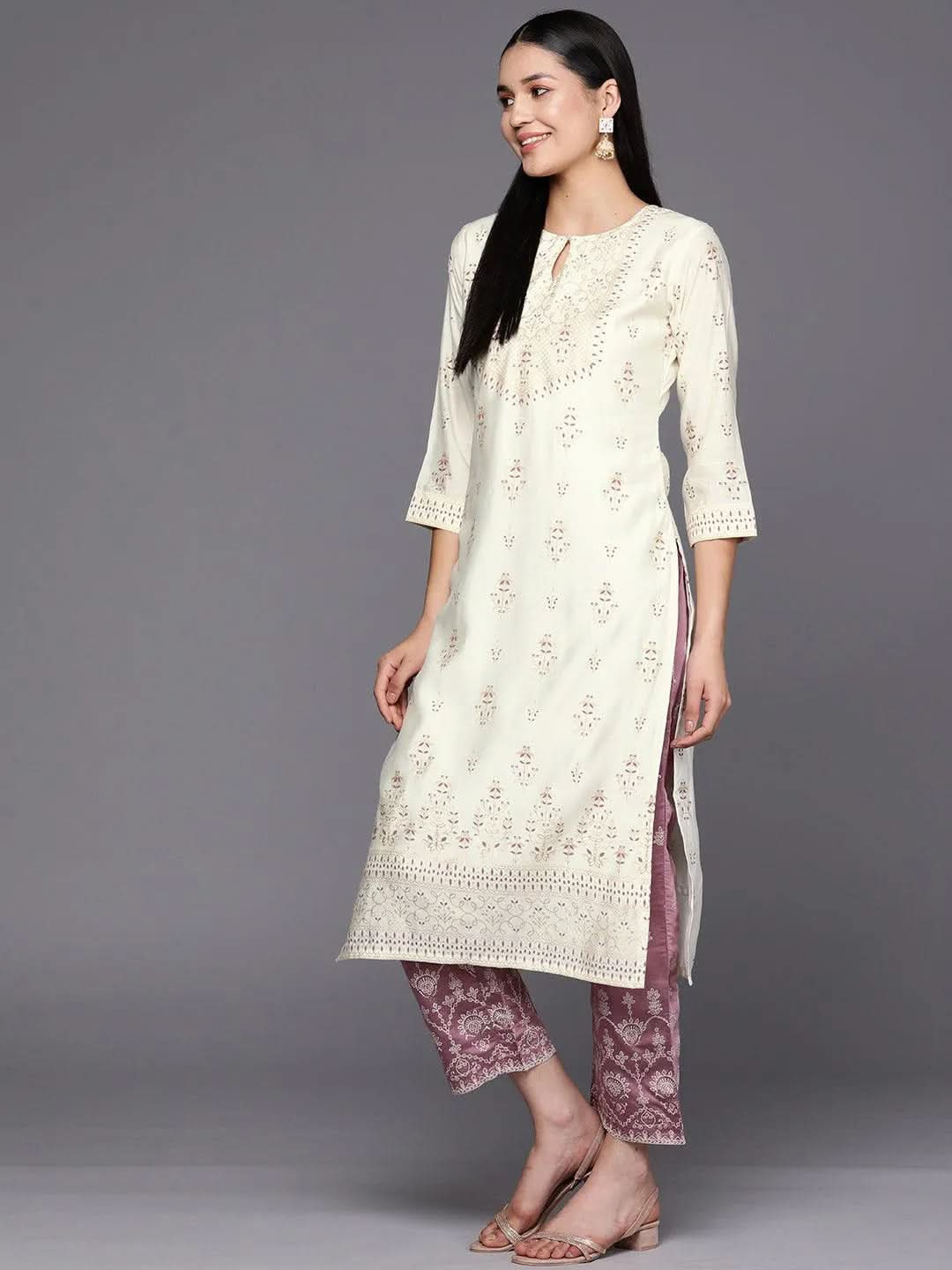 Cream Printed Chanderi Silk Straight Suit Set With Trousers - Libas 