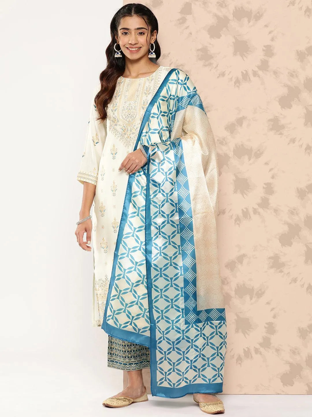 Cream Printed Chanderi Silk Straight Kurta With Trousers and Dupatta - Libas 