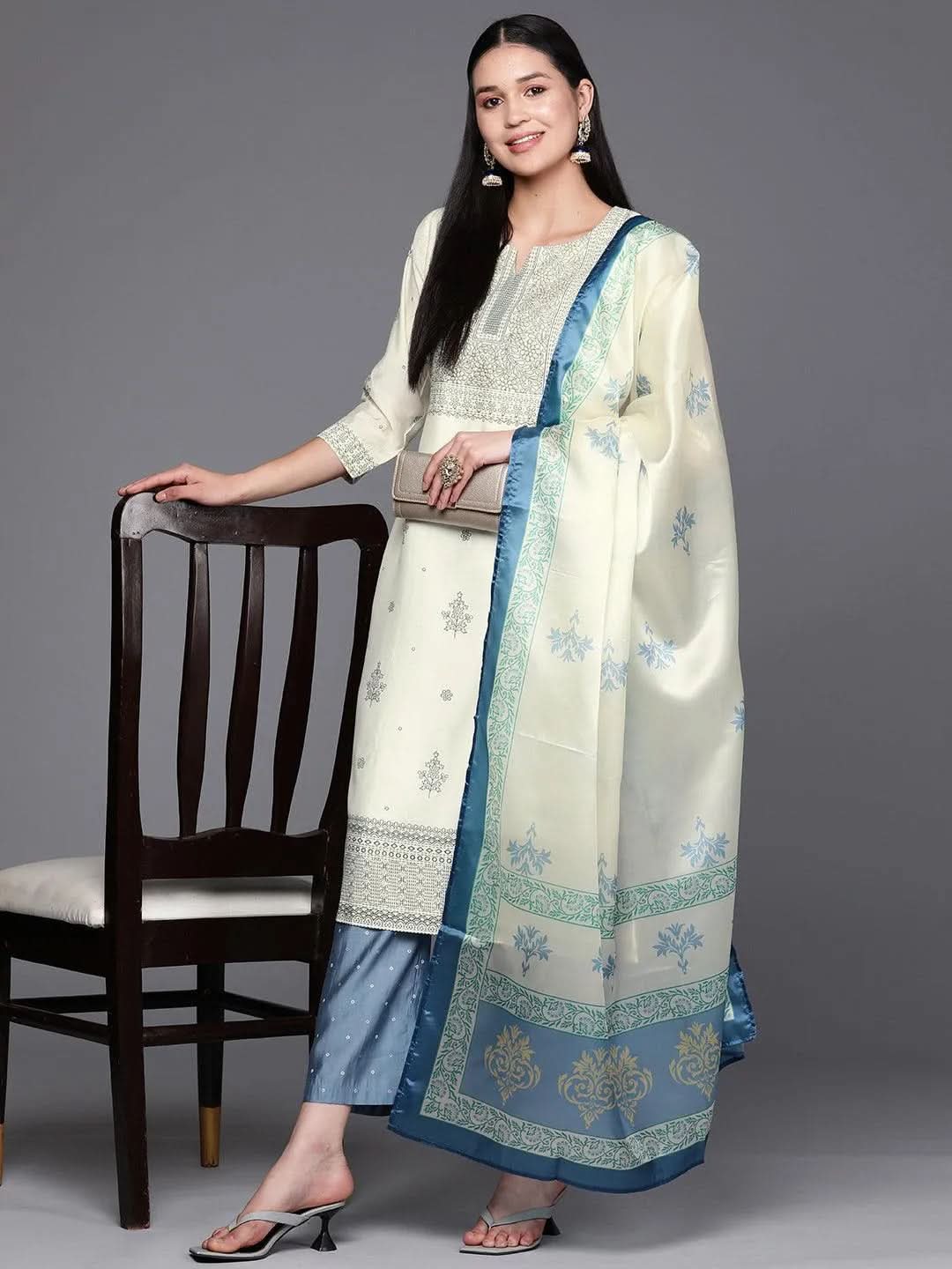 Cream Printed Chanderi Silk Straight Suit Set With Trousers - Libas 