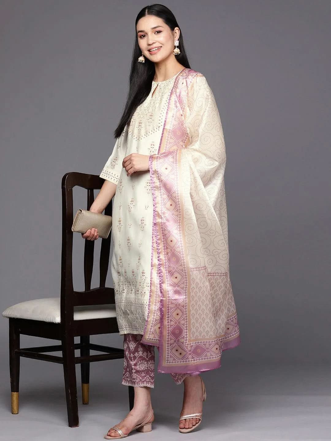 Cream Printed Chanderi Silk Straight Suit Set With Trousers - Libas 