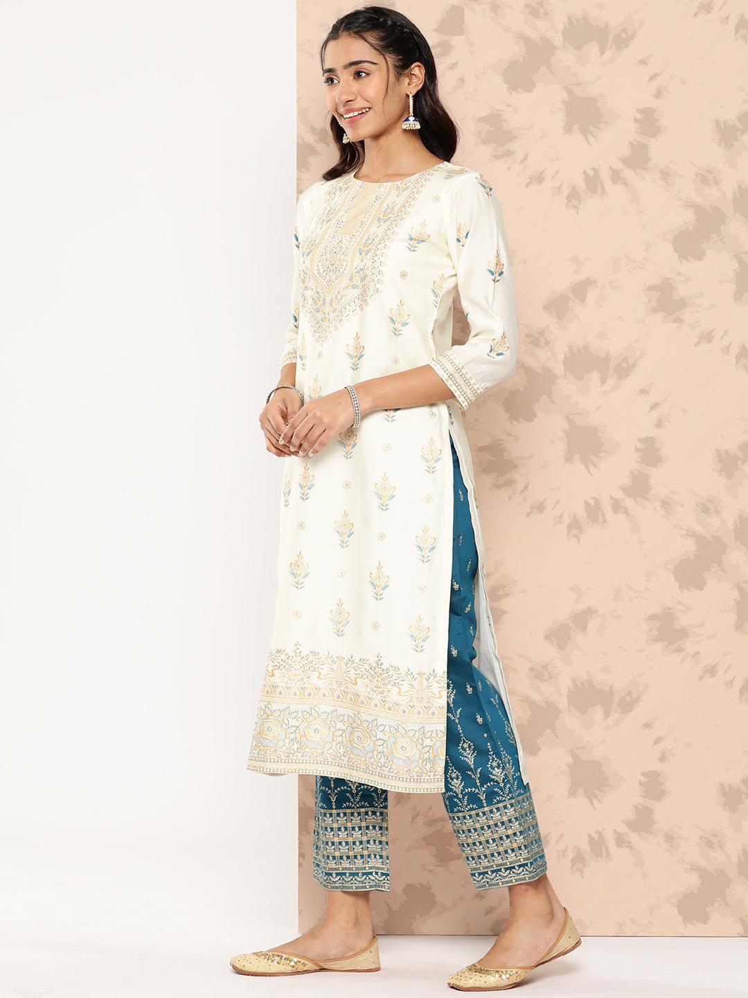 Cream Printed Chanderi Silk Straight Kurta With Trousers and Dupatta - Libas