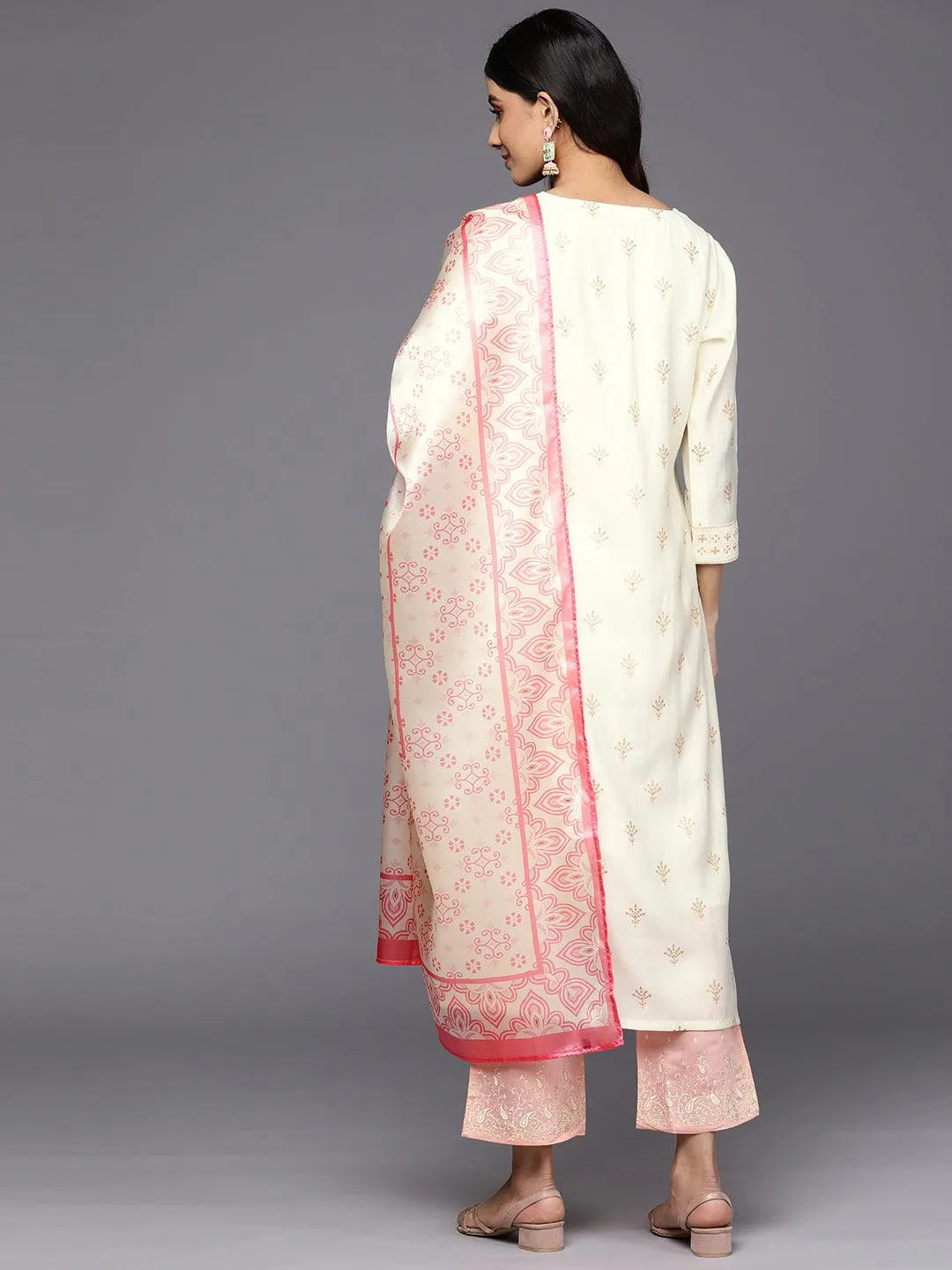 Cream Printed Chanderi Silk Straight Suit Set With Trousers - Libas