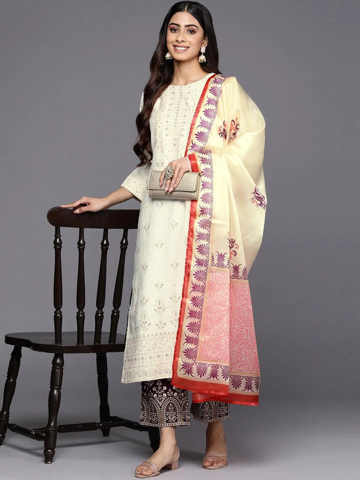 Cream Printed Chanderi Silk Straight Suit Set With Trousers - Libas