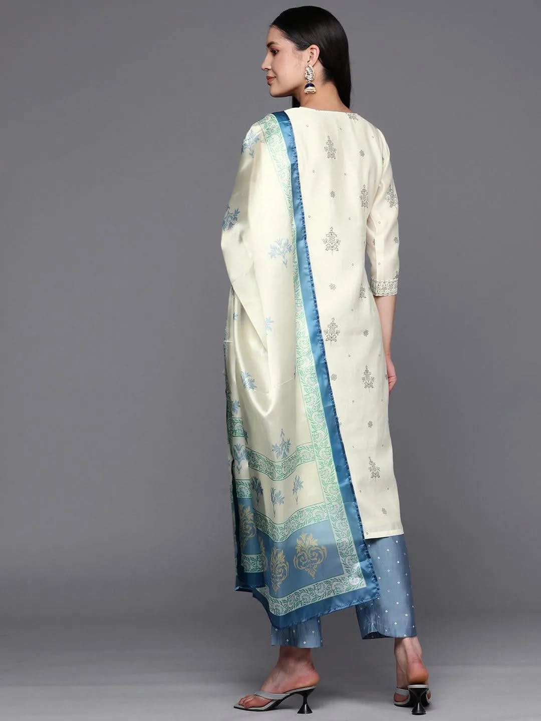 Cream Printed Chanderi Silk Straight Suit Set With Trousers - Libas 