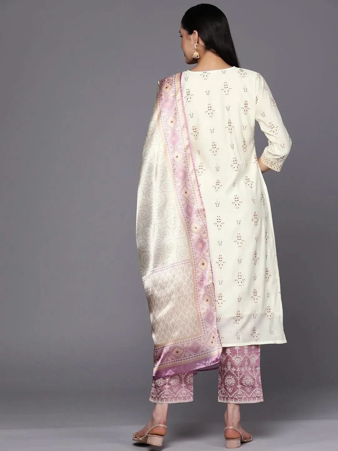 Cream Printed Chanderi Silk Straight Suit Set With Trousers - Libas 