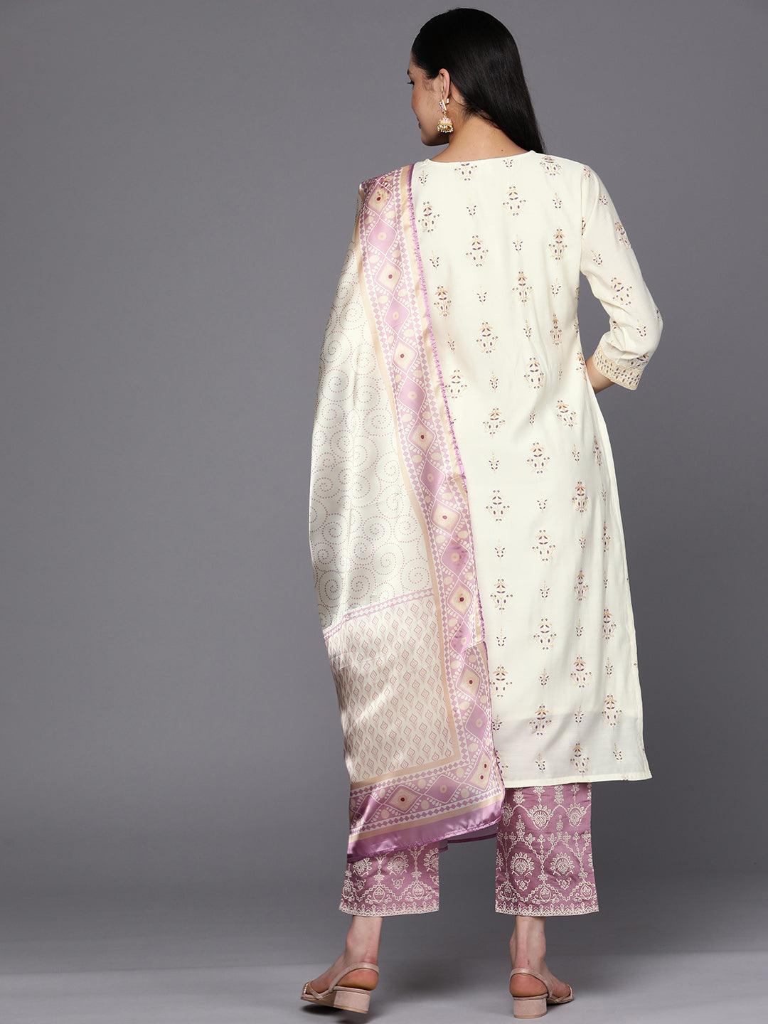 Cream Printed Chanderi Silk Straight Suit Set With Trousers - Libas
