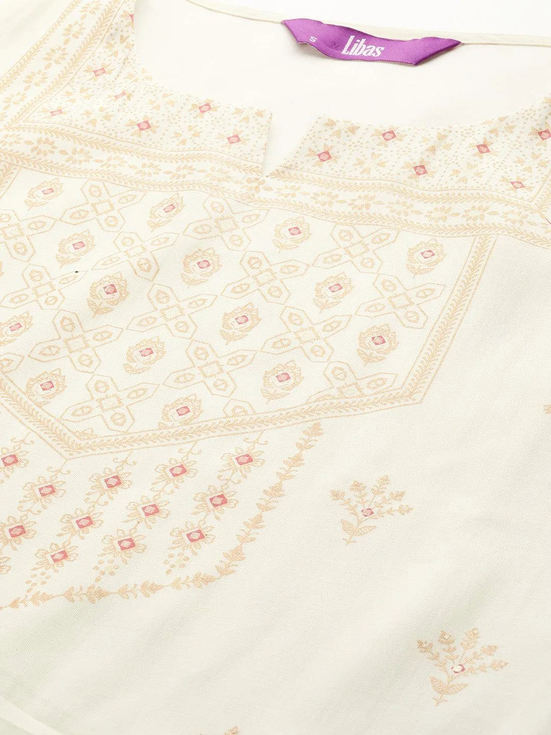 Cream Printed Chanderi Silk Straight Suit Set With Trousers - Libas 