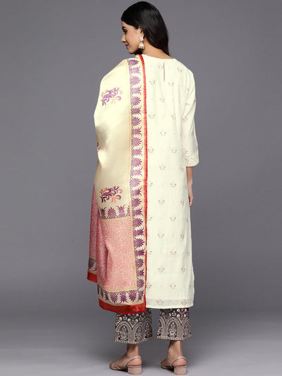 Cream Printed Chanderi Silk Straight Suit Set With Trousers - Libas