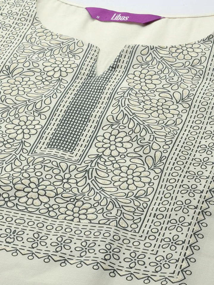 Cream Printed Chanderi Silk Straight Suit Set With Trousers - Libas