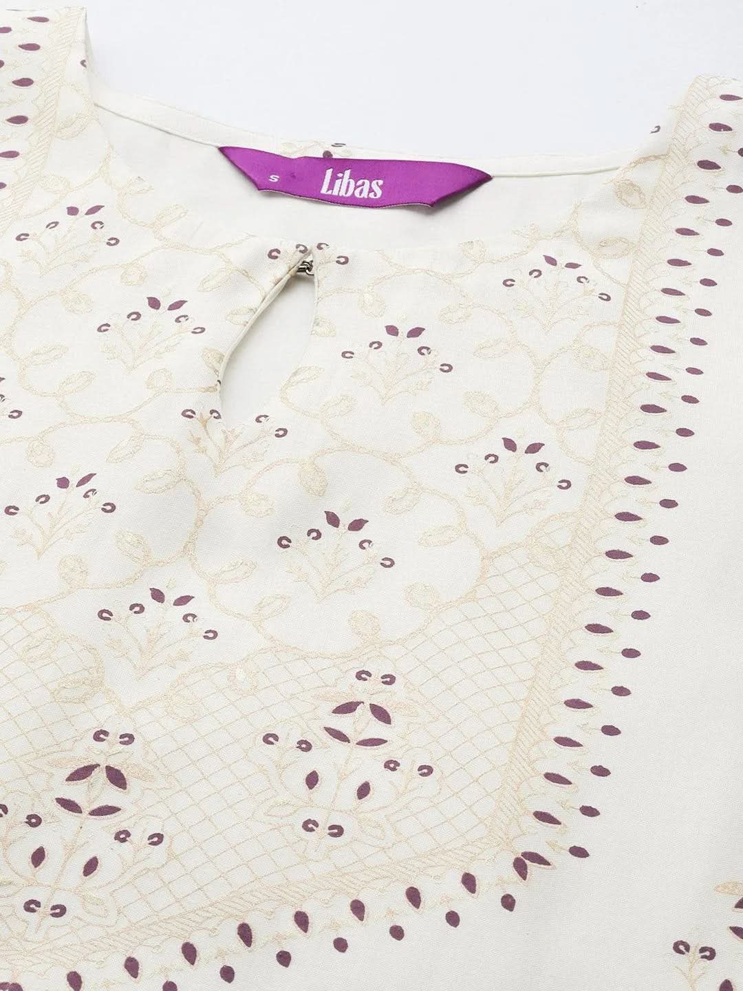 Cream Printed Chanderi Silk Straight Suit Set With Trousers - Libas 