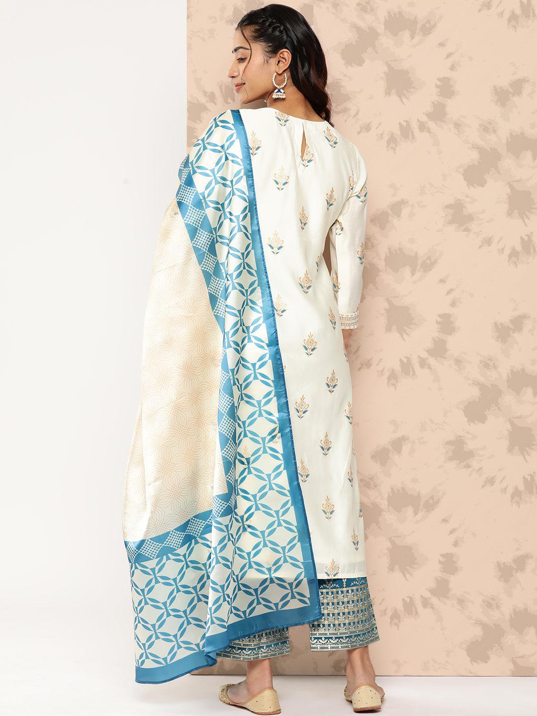 Cream Printed Chanderi Silk Straight Kurta With Trousers and Dupatta